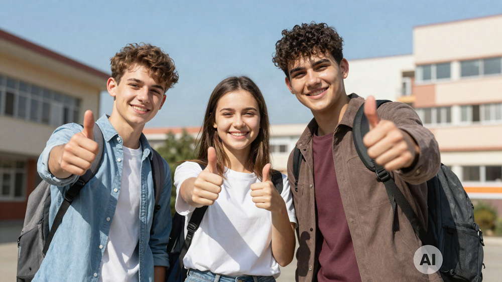 Drei Schüler auf dem Schulhof mit Daumen hoch